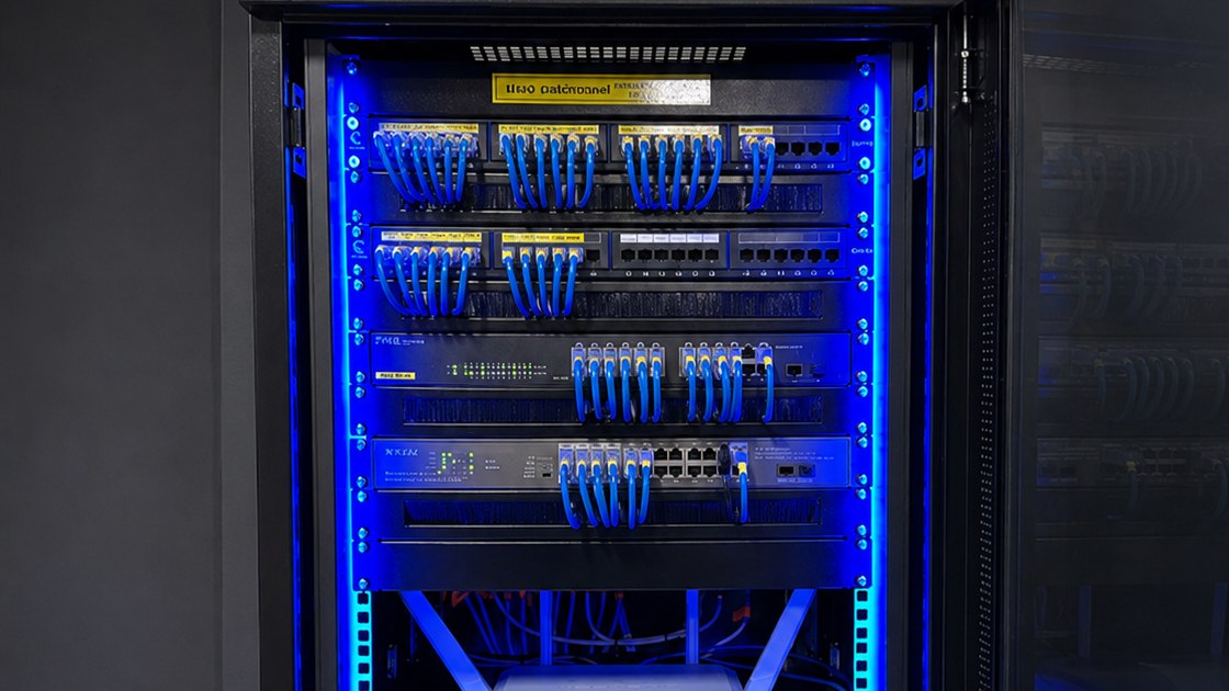Rack empresarial real com servidores, rede e armazenamento para backup